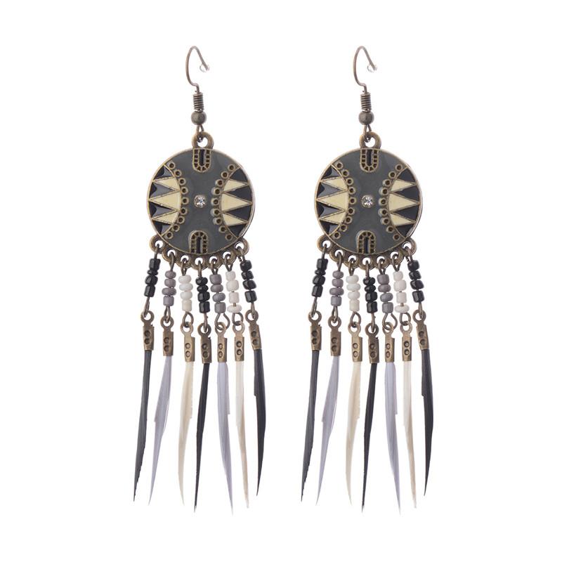 Beads and Feather Tassel Earrings