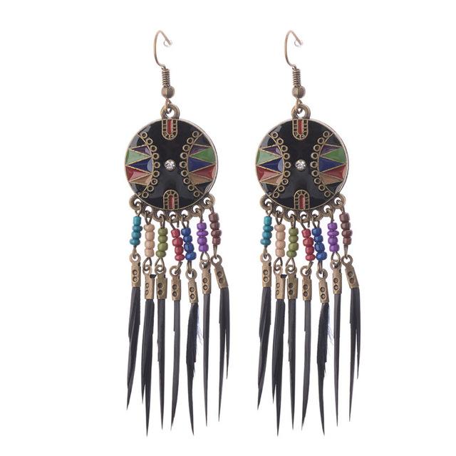 Beads and Feather Tassel Earrings